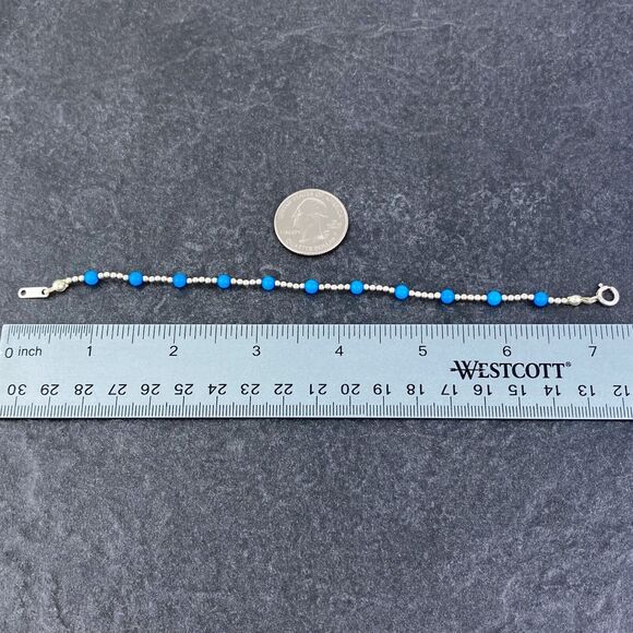 Blue Glass Bead Bracelet | Sterling Silver 925 | 90's Jewelry | 7" - Picture 6 of 7